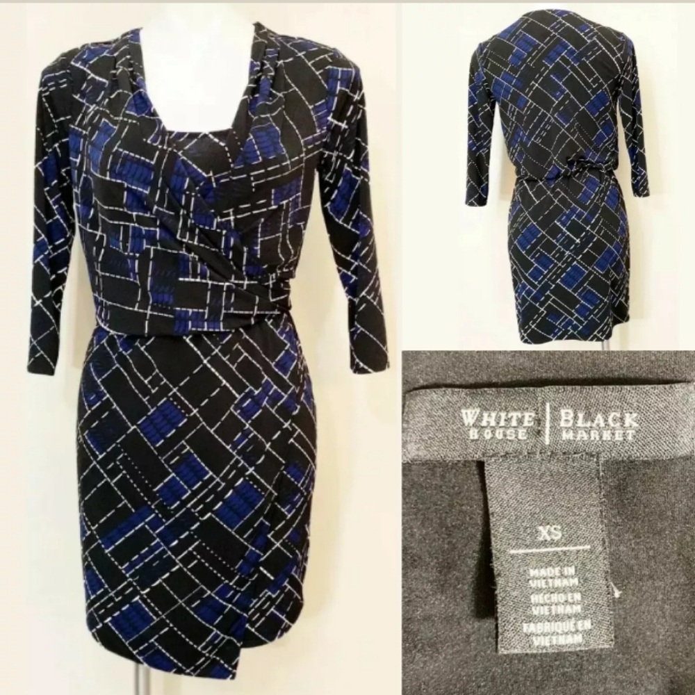 XS Faux Wrap Dress Blue Black Geometric WHBM